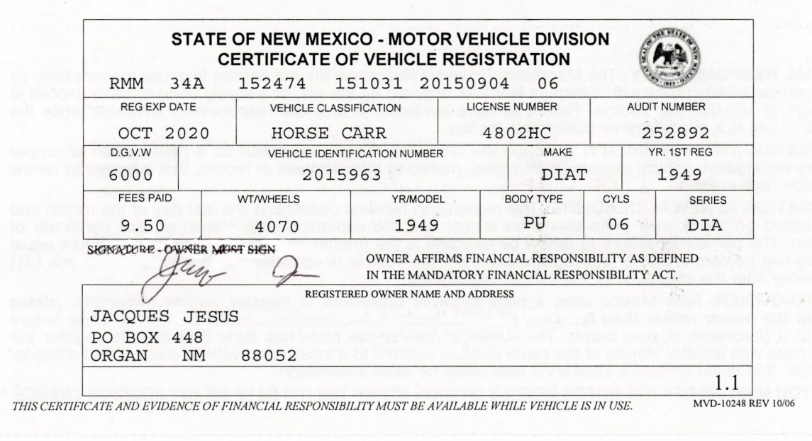 New Mexico Horseless Carriage License Plates